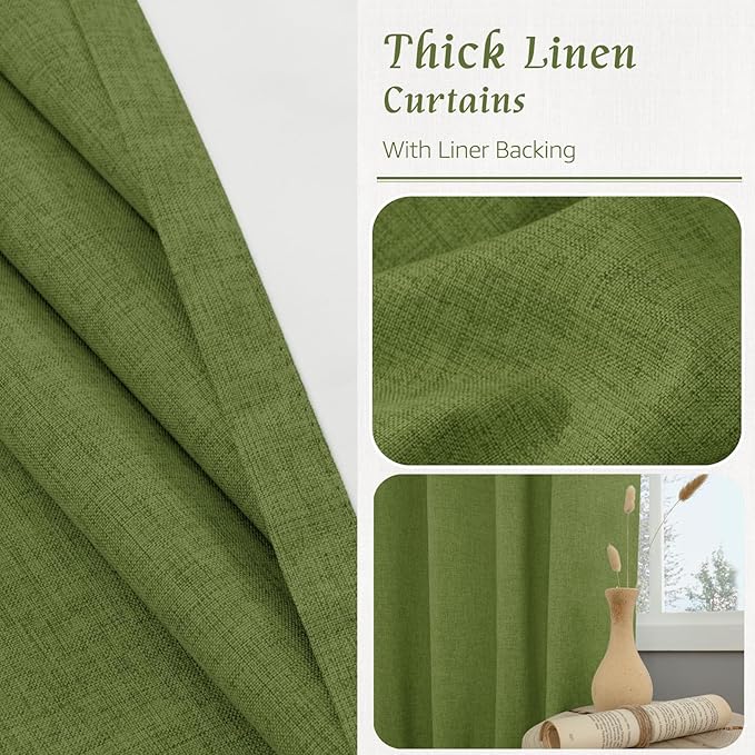 LAMIT 100% Blackout Linen Curtains for Living Room, 72 Inches Linen Textured Thermal Bedroom Drapes Back Tab and Rod Pocket Christmas Panels with White Liner, 2 Panels, 52 x 72 Inch, Olive Green