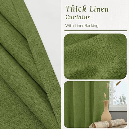 LAMIT 100% Blackout Linen Curtains for Living Room, 72 Inches Linen Textured Thermal Bedroom Drapes Back Tab and Rod Pocket Christmas Panels with White Liner, 2 Panels, 52 x 72 Inch, Olive Green