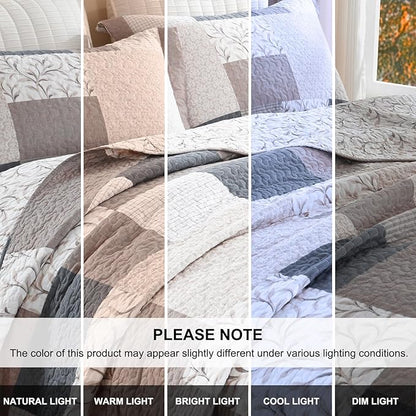 PERHOM Queen Size Quilt Set, 3 Pieces Queen 100% Cotton Quilted Comforter Set with Pillow Shams, Farmhouse Plaid Botanical Pattern, Lightweight Reversible Bedspread, Warm Brown/Beige/Gray