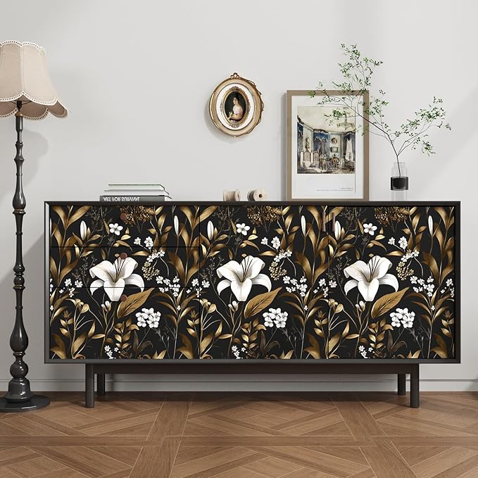 Black White Floral Wallpaper Peel and Stick, Dark Gold Vintage Contact Paper 17.5" x 393", Golden Botanical Wall Paper Self Adhesive Removable Waterproof for Bedroom Cabinet Drawer Table Decor
