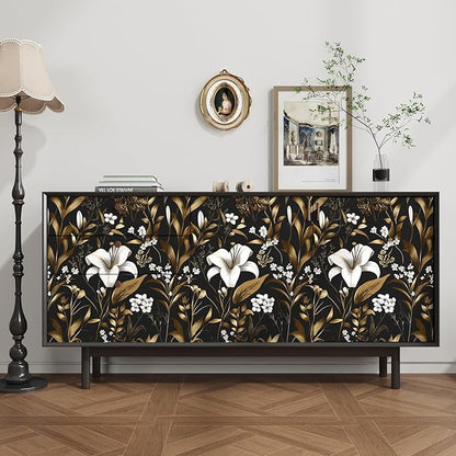 Black White Floral Wallpaper Peel and Stick, Dark Gold Vintage Contact Paper 17.5" x 393", Golden Botanical Wall Paper Self Adhesive Removable Waterproof for Bedroom Cabinet Drawer Table Decor