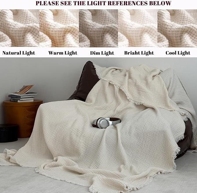 MorroMorn 100% Cotton Muslin Blanket with Fringes Twin Size 60"x80", 4-Layer Gauze Blankets for Adults, Boho Bedding Breathable Lightweight Ultra-Soft for Couch Bed All Seasons, Linen Beige