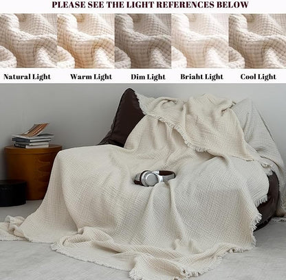 MorroMorn 100% Cotton Queen Size Bed Blanket 80"x90" Muslin Blanket with Fringes, 4-Layer Gauze Blankets for Adult, Boho Bedding Breathable Lightweight Ultra-Soft for All Seasons, Linen Beige