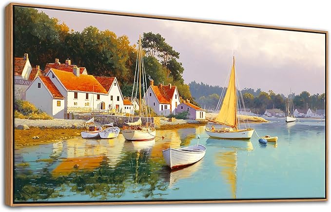 AJAZIKO Coastal Wall Art - Rustic Ocean & boat Canvas Art for Living Room & Bedroom Decor - Framed Landscape Artwork for Walls - Italian Farmhouse & Country Wall Decor Print Pictures24x48IN