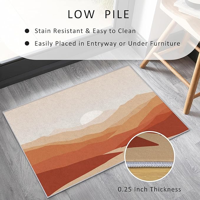 Boho Rug, 3x4 Area Rugs Terracotta Mountain Sun Minimalist Pattern for Entryway, Living Room, Bedroom, Boho Home Decor Accessories Indoor Carpet, Non Slip & Machine Washable