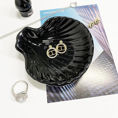 Shell Shape Ring Holder Dish, Seashell Jewelry Dish Tray, Ceramic Trinket Tray for Rings Earrings Necklaces Bracelet, Birthday for Mom Friend Sister, 3.9", Black
