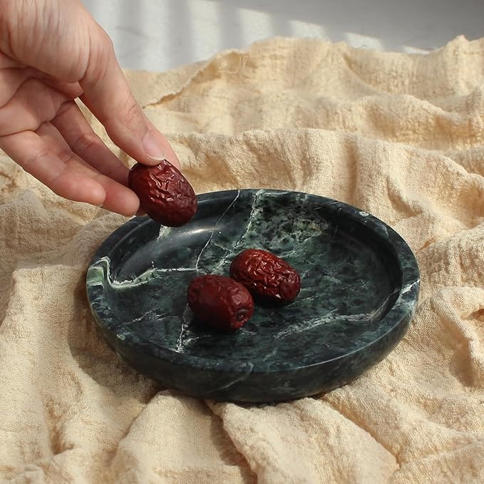 Natural Marble Travertine Ring Dish Jewelry Tray 5.5" for Women, Marble Trinket Dish for Key Earring Nightstand, Mother's Day Engagement Birthday Gift - Verde Guatemala