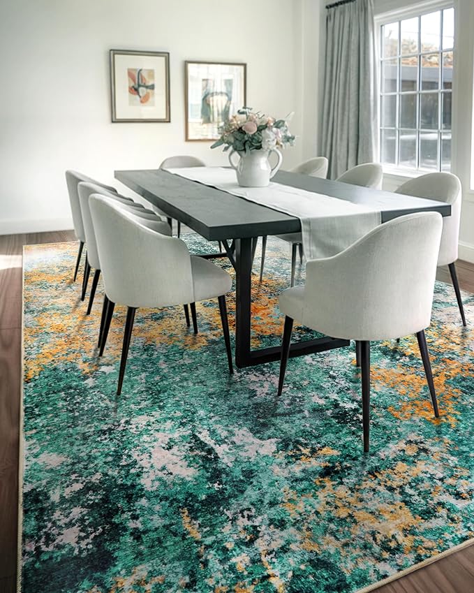 9x12 Area Rug for Living Room - Washable Rugs Modern Abstract Neutral Soft Rug for Bedroom Dining Room No Slip Low Pile Carpet for Nursery Home Office - Teal/Orange