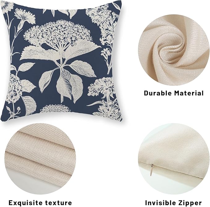 Blue Pillow Covers 16x16 Set of 2 Boho White Floral Throw Pillows Hydrangea Herbs Botanical Decoration Pillowcase Linen Farmhouse Vintage Flower Cushion Case Outdoor Decorative for Couch Sofa