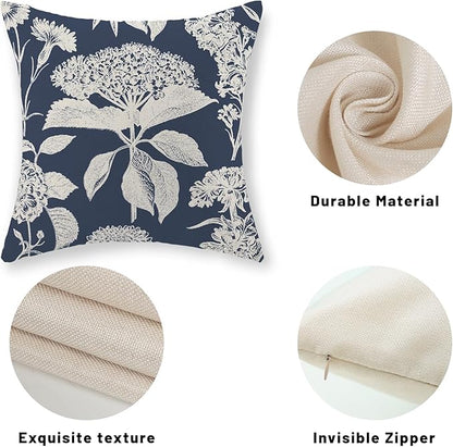Blue Pillow Covers 16x16 Set of 2 Boho White Floral Throw Pillows Hydrangea Herbs Botanical Decoration Pillowcase Linen Farmhouse Vintage Flower Cushion Case Outdoor Decorative for Couch Sofa
