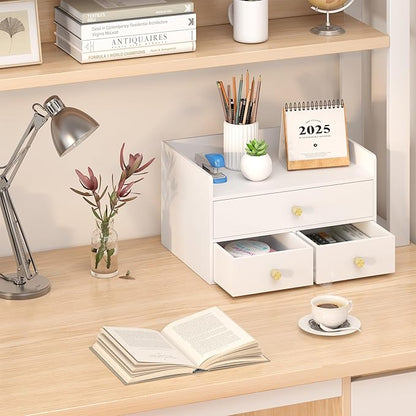 Bamboo Desk Organizer with Drawers Wooden Desktop Storage Drawers for Bills Office Supplies Kitchen Utensils Organizing Tool for Home Classroom Organization No Assembly (3 Drawers, White)
