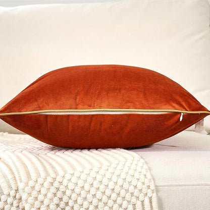 Aeckself Pack of 2 Burnt Orange Velvet Pillow Covers 20 x 20 Inch, Modern Luxury Decorative Pillowcase with Gold Trim Edge, Comfortable Soft Solid Cushion Case for Couch Bedroom Living Room