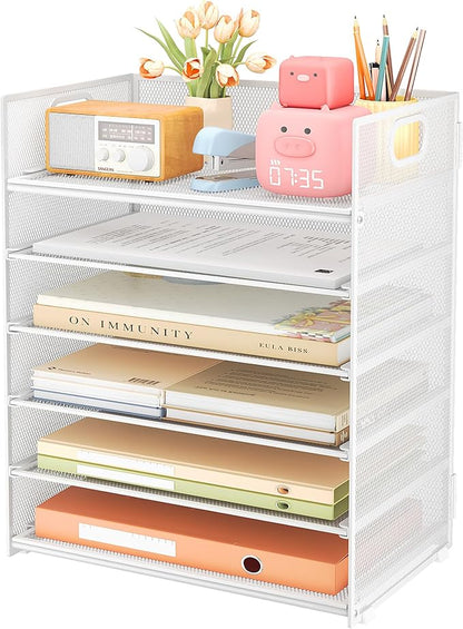 Subekyu 6 Tier Paper Organizer for Desk with Handle, Metal Mesh Desk Office File Folder Paper Letter Tray Accessories Organizer Sorter for Home, School, Office Desktop Document Organization - White