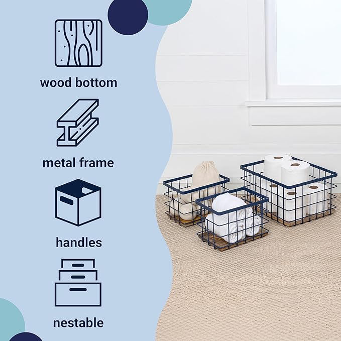 happimess BSK3004D-3SET Evvie Vintage Farmhouse Wire Metal Nesting Storage Baskets with Wood Base for Shelves, Cabinets, Pantry, Countertop, Mesh Open Bin Basket, Navy/Natural (Set of 3)