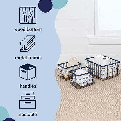 happimess BSK3004D-3SET Evvie Vintage Farmhouse Wire Metal Nesting Storage Baskets with Wood Base for Shelves, Cabinets, Pantry, Countertop, Mesh Open Bin Basket, Navy/Natural (Set of 3)