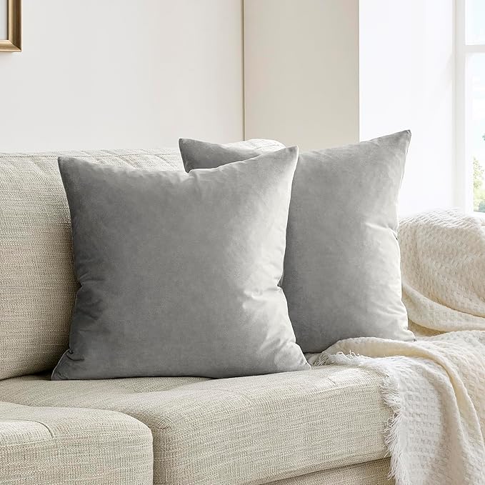 GIGIZAZA Velvet Silver Grey Pillow Covers 20x20 Set of 2 Square Throw Pillow Covers Modern Decorative Pillows for Living Room Couch Luxury Big Pillow Cases