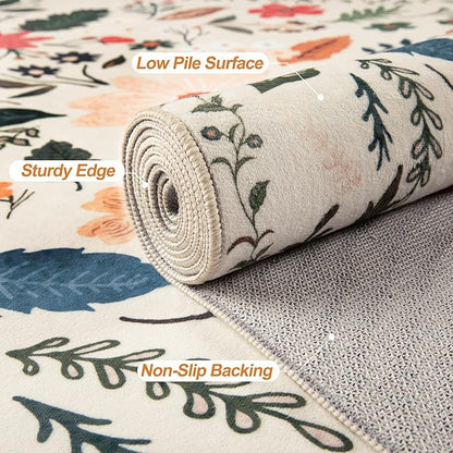 Tangsoo Runner Rug for Hallways Kitchen Rug, Non Slip 2x6 Washable Boho Floral Rug Runner for Entryway, Low Pile Carpet Door Mat Indoor Entrance for Kids Room Bedroom Laundry Office(White/Beige)