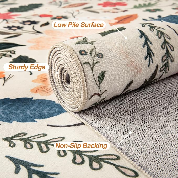 Tangsoo 5x7 Area Rug for Living Room Bedroom, Non Slip Machine Washable Boho Floral Rug, Low Pile Large Floor Carpet Indoor Mats for Kids Room, Farmhouse, Dining Room, Office(Beige/White)