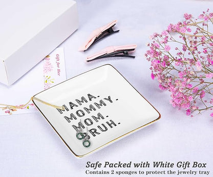 NZY Mother's Day,Birthday,Thanksgiving,New Year,Christmas Gifts for Mother,Funny Mom Gift from Daughter Son,Best Friend Mother-Ceramic Jewelry Tray Trinket Holder Ring Dish-Mama Mommy Mom Bruh