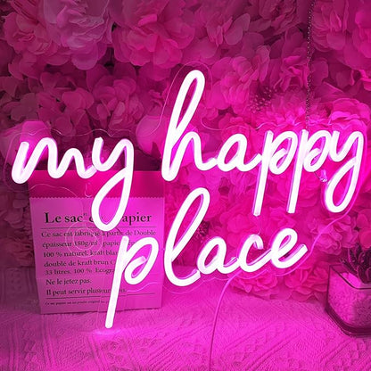 SYLHOME Pink My Happy Place LED Neon Light Sign USB Girls Babys Bedroom Living Room Kitchen Wall Decor Sign Wedding Birthday Party Sign Christmas Gifts 15.8" X 11.2" 5V Teens
