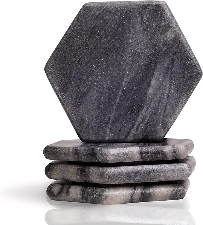 Mela Artisans Set of 4 Hand Crafted Marble Coasters - Sleek Black, Hexagon | Coffee Table Decor | Absorbent Keeping Surfaces Dry & Safe | Ideal for Wine Glasses, Water Cups or Beer Mugs