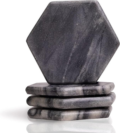 Mela Artisans Set of 4 Hand Crafted Marble Coasters - Sleek Black, Hexagon | Coffee Table Decor | Absorbent Keeping Surfaces Dry & Safe | Ideal for Wine Glasses, Water Cups or Beer Mugs