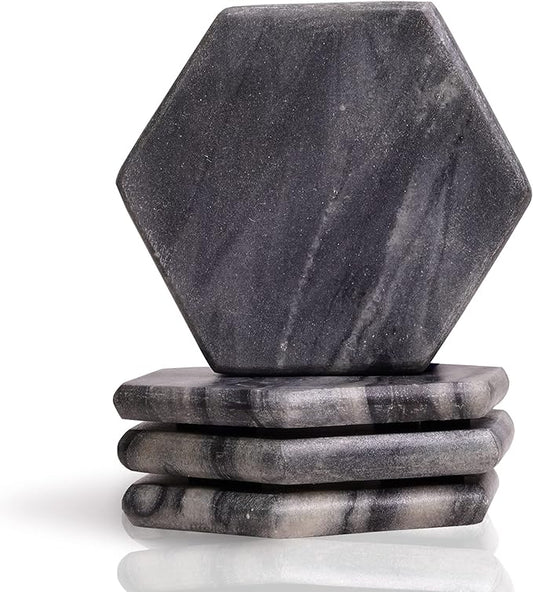 Mela Artisans Set of 4 Hand Crafted Marble Coasters - Sleek Black, Hexagon | Coffee Table Decor | Absorbent Keeping Surfaces Dry & Safe | Ideal for Wine Glasses, Water Cups or Beer Mugs
