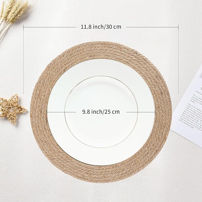 11.8 Inch Round Jute Placemats Set of 6 – Boho Rustic Woven Table Mats & Charger Plates, Heat Resistant & Easy to Clean, Handwoven Farmhouse Table Decor for Dining, Kitchen, Weddings & Home