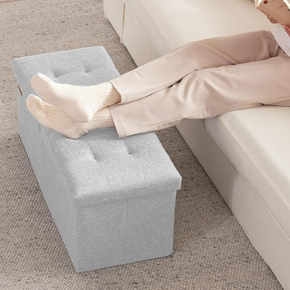 HAUSFRAU 31.5 Inches Ottoman with Storage Bench, Folding Ottoman Bench Small Foot Rest Stool, Bedroom Bench with Flipping Lid, Linen Silver