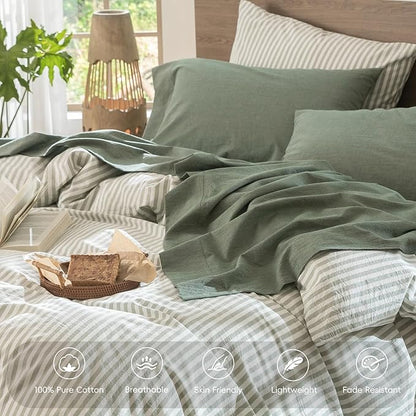 MooMee Bedding Sheet Set 100% Washed Cotton Linen Like Textured Breathable Durable Soft Comfy (Heathered Green, Twin)
