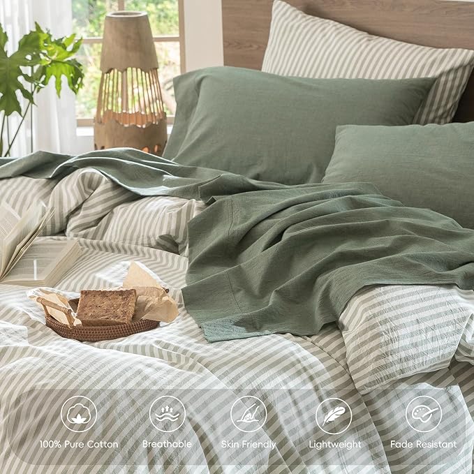 MooMee Bedding Sheet Set 100% Washed Cotton Linen Like Textured Breathable Durable Soft Comfy (Heathered Green, California King)