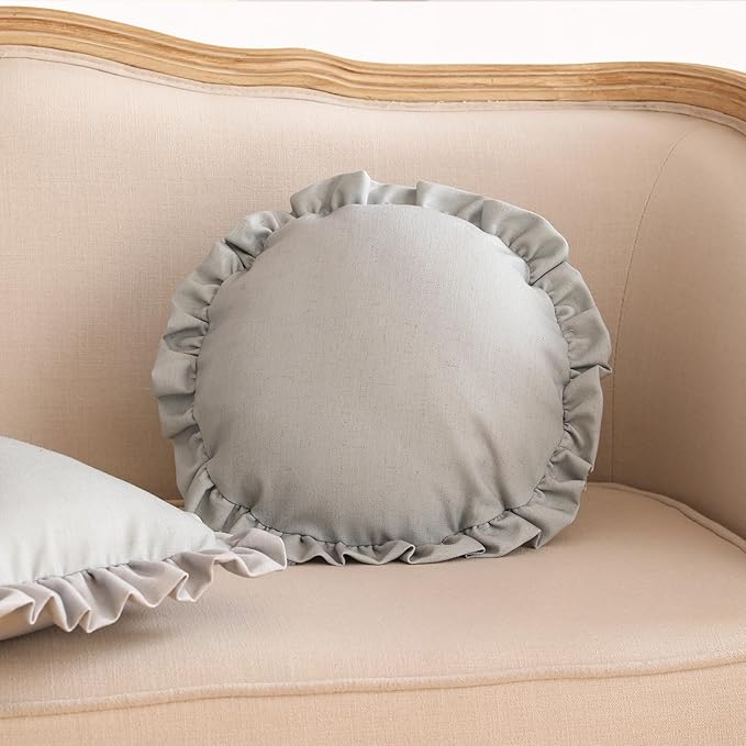 ISAENNE Classic Silver Round Throw Pillow Cover Diameter 16", Solid Color Farmhouse Linen Cotton Decoration Pillow Cover with Ruffles, Sturdy Throw Pillow Case for Couch Sofa Bed Living Room