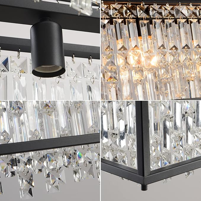 LMQNINE Chandeliers for Dining Room, 4-Light Trapezoidal Industrial Dining Room Light Fixture Farmhouse Chandelier Crystal Pendant Lights Kitchen Island Living Room (Black 35.43 inch)