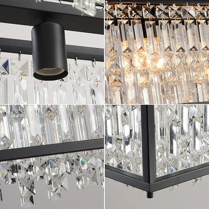 LMQNINE Chandeliers for Dining Room, 4-Light Trapezoidal Industrial Dining Room Light Fixture Farmhouse Chandelier Crystal Pendant Lights Kitchen Island Living Room (Black 35.43 inch)