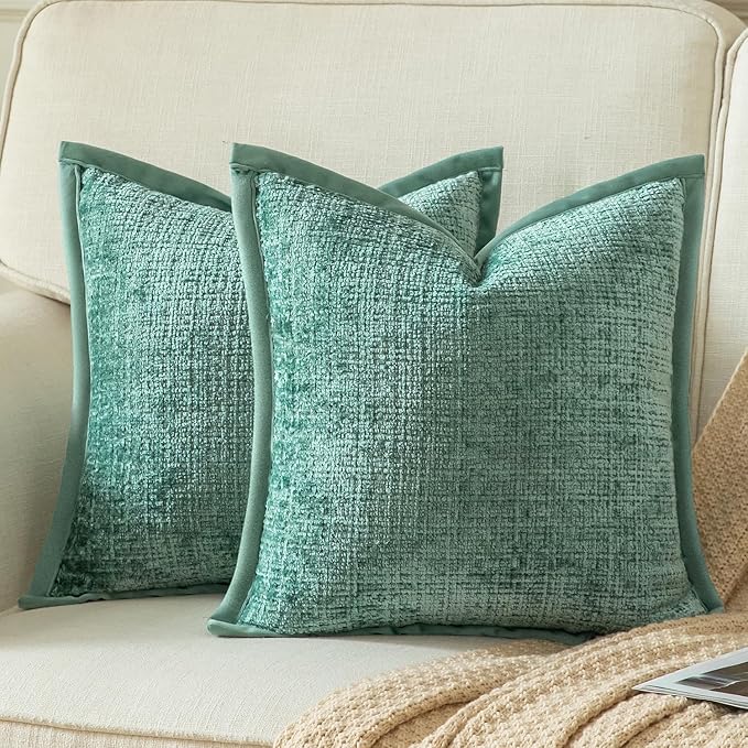Yaertun Pack of 2 Chenille Textured Decorative Throw Pillow Covers Accent Solid Cushion Cover Soft Cozy Pillow Case with Velvet Back for Couch Sofa Bed Living Room 18x18 Inch Teal