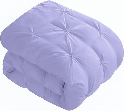EVOLIVE 3pc Set Pinch Pleat/Kiss Pleat, Pintuck Down Alternative Comforter Set with Pompom (Twin, Purple)