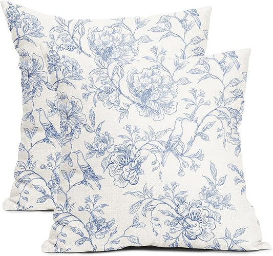White Blue Chinoiserie Pillow Covers 20x20 Set of 2 Decorations Vintage Floral Throw Pillow Covers Boho Decor Rustic Pillowcases Farmhouse Pattern Soft Cozy for Sofa Bed Chair Home Decorative