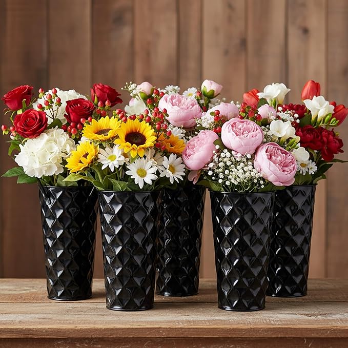 12 Pcs Black Metal Flower Vases 9 Inch Galvanized Flower Bucket Spring Farmhouse French Bucket with Handles, Floral Vases for Centerpiece Bar Wedding Bouquet Table Decoration Supplies