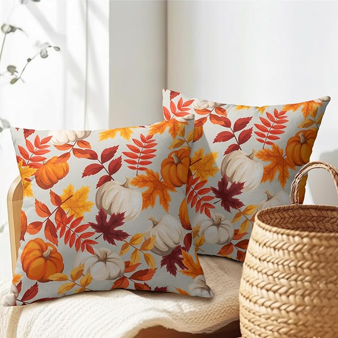 Pumpkin Fall Pillow Covers 24x24 Set of 2 Orange Beige Autumn Thanksgiving Pillow Cases Maple Leaf Print Outdoor Decorative Holiday Cushion Cover Rustic Decoration Farmhouse Home Sofa Couch Bed Decor