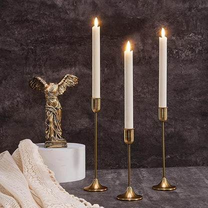 Candlestick Holders, Gold Metal Taper Candle Holders Set of 3, Handmade Heavy Base Brass Vintage Modern Decorative Table Centerpiece for Candlelight Dinner, Fireplace Mantel Wedding Housewarming Décor