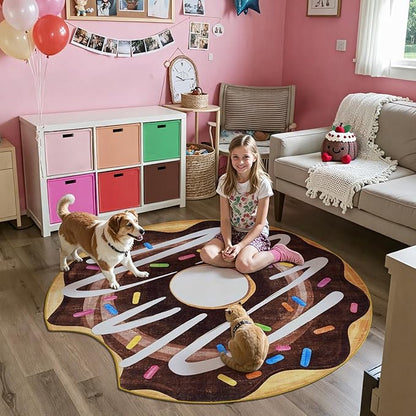 jinchan Cute Round Rug 5ft Chocolate Donut Fun Rug Washable Playroom Mat Sweet Dessert Circle Cool Rug Non Slip 5' Round Soft Cozy Floor Mat Funky Gift for Kids Teens Dorm Bedroom Living Room