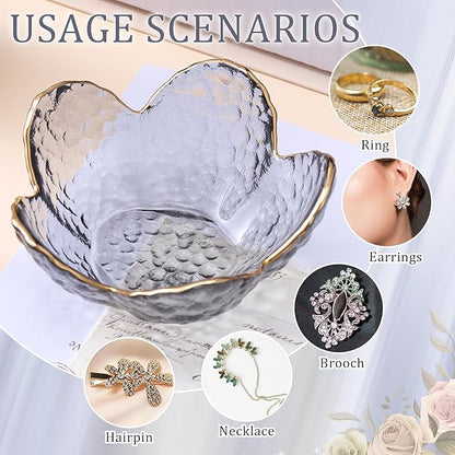 Quelay 8 Set Flower Ring Dish Jewelry Tray with Box and Greeting Card, Small Glass Trinket Tray for Rings Earrings Jewelry Room Decor Gifts for Women Mom Wife Daughter (Grey)