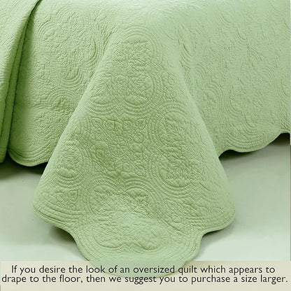 Cozy Line Home Fashions 100% Cotton Medallion Matelasse Embossed Bedding Quilt Set, Reversible Lightweight Bedspread, Coverlet for All Season (Blantyre - Green, Queen - 3 Piece)