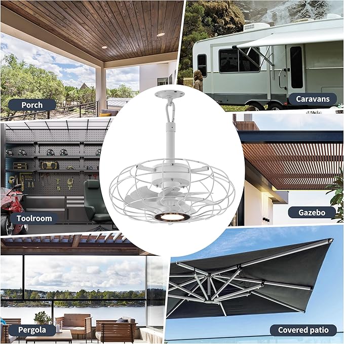 15" Outdoor Ceiling Fan with Light, with Remote and App Remote, IP65 Waterproof Gazebo Hanging Fan, 3CCT Dimmable, Portable Plug in Ceiling Fan with Cord Hook for Patio Porch Pergola Indoor(White)