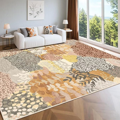 DEXDE 8x10 Area Rug, Fall Soft Washable Abstract Area Rugs Non-Slip Vintage Boho Rug Leaves Floral Print Carpet for Living Room, Bedroom, Entryway, Office,Dining Room, Kids Playroom, Camel