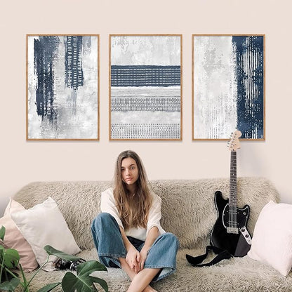 HLNIUC Navy Blue Abstract Framed Wall Art Set, Neutral Minimalist Canvas Wall Decor, Mid Century Modern Wall Painting, Grey Geometric Art Print for Living Room, Bedroom, Office - 16"x24"x3