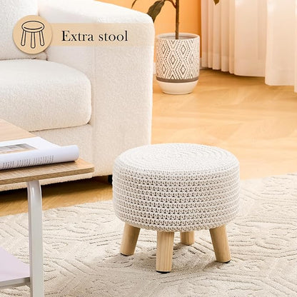 Boho Ottoman Foot Stool Cotton Knitted Round Pouf Ottoman Foot Rest Stool with Non-Skid Wooden Legs Step Stool Padded Seat for Living Room White