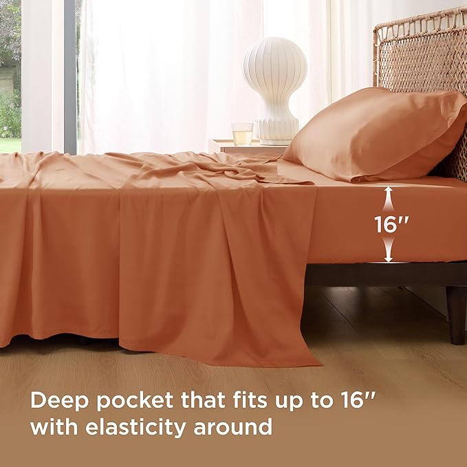 Bedsure Cooling Sheets Twin, Rayon Derived from Bamboo, Breathable & Soft Twin Sheets Set, Deep Pocket Up to 16 Inches, Hotel Luxury Silky Bedding for Hot Sleepers, Burnt Orange
