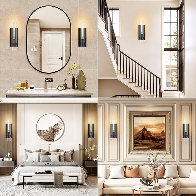 Wall Sconces Set of Two, 18" Black Bathroom Sconces with Clear Glass, Hardwired Modern Sconces Wall Decor Set of 2 Wall Light Fixtures for Bathroom Bedroom Living Room Mirror Hallway