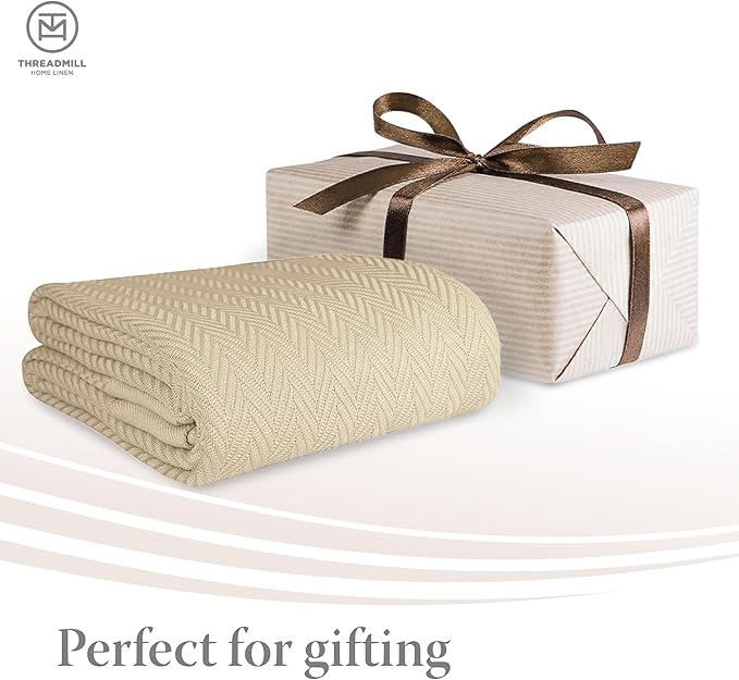 Threadmill Luxury Cotton Blankets for King Size Bed | All-Season Cozy 100% Cotton King Size Blanket | Herringbone Soft Fall Thermal Blanket fits California King Size Bed, 106x92 | Beige